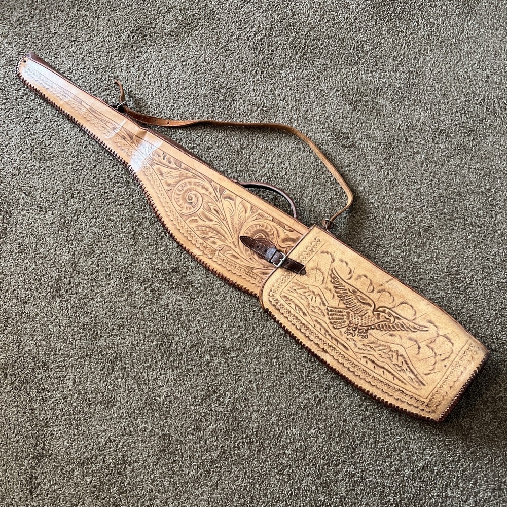 VTG Hand-Tooled Leather Western Rifle Shotgun Case Floral Eagle 2-Piece Brown